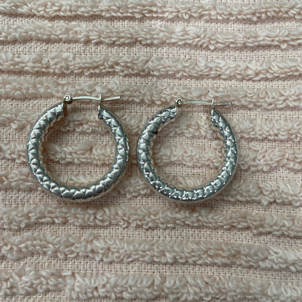 Silver 925 Textured Hoop Earrings